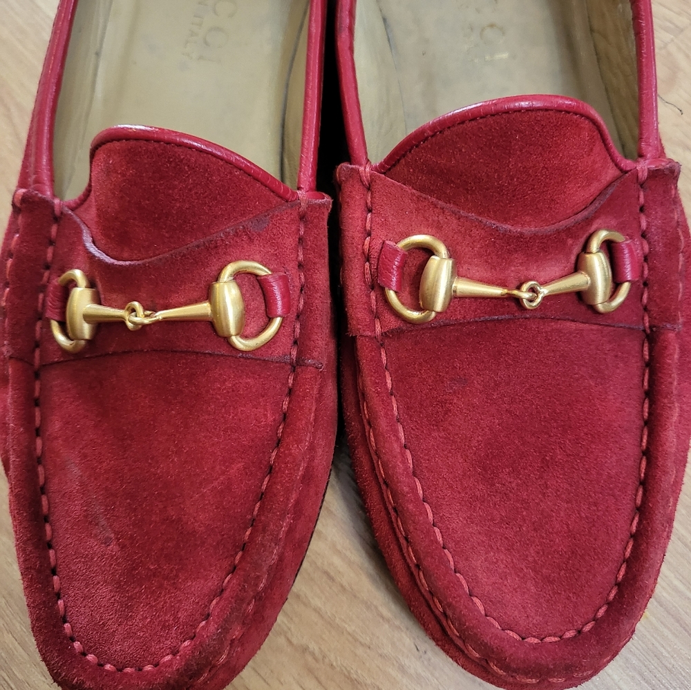 Gucci Red Suede Loafers with Gold Hardware